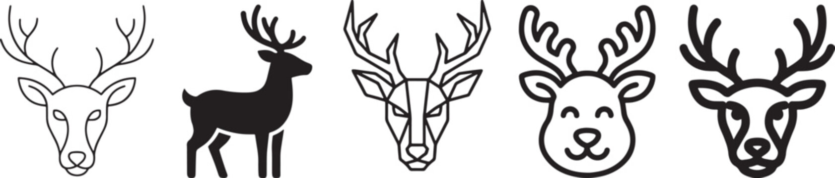 Set of five different deer and reindeer head icons featuring minimal line art silhouette geometric rounded and bold line styles for creative design projects and winter holiday themes Vector