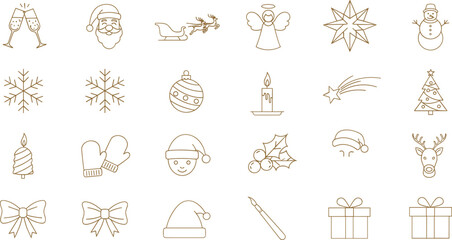 Minimal Christmas line icon set featuring Santa, snowflakes, gifts, candle, angel and holiday elements in elegant outline vector illustration © Galib