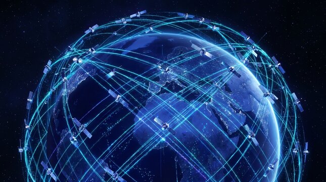 Illustration of Earth surrounded by satellite network, glowing lines representing data connections in space. Concept of technological breakthrough, new era of space exploration, space economy growth