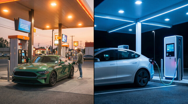 Green sports car refueling at traditional gas station, electric vehicle charging at modern station, night scene. Concept of energy transition, decline of the oil industry, decarbonization strategies