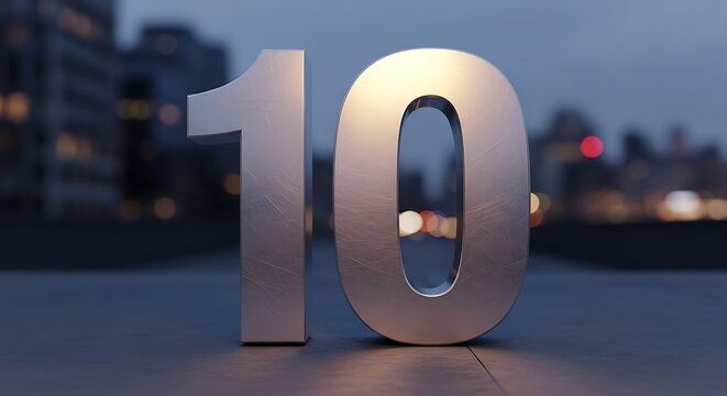 Shiny metallic number 10 large metal numeral front of blurred city buildings at dusk.
