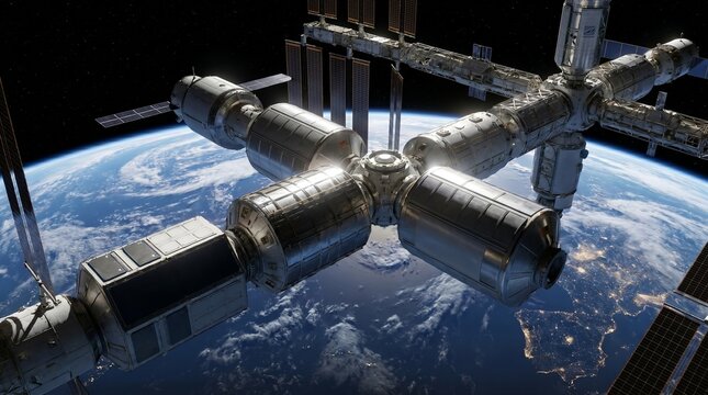 Space station orbiting Earth, detailed structure and solar panels. Concept of technological breakthrough, new era of space exploration, space economy growth, space for text