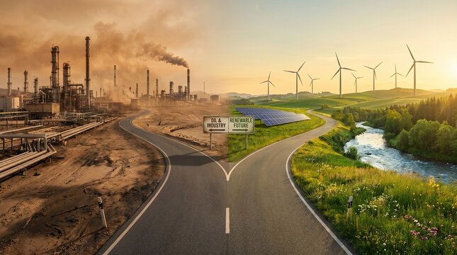 Industrial landscape with oil refinery on left and renewable energy wind turbines and solar panels on right. Concept of energy transition, decline of the oil industry, decarbonization strategies