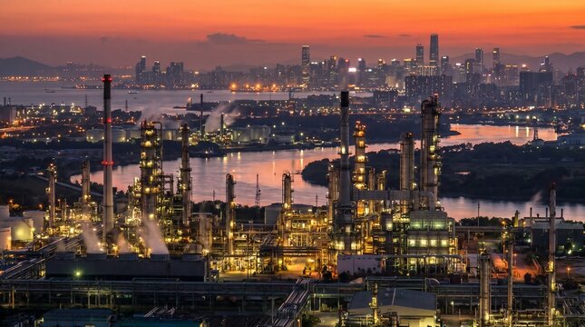 Industrial oil refinery at dusk with illuminated towers and skyline reflecting on river in urban setting. Concept of energy transition, decline of the oil industry, decarbonization strategies