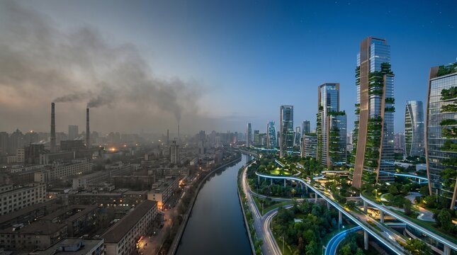 Futuristic urban skyline with green architecture along riverbank on the right, industrial smokestacks on the left. Concept of energy transition, decline of the oil industry, decarbonization strategies