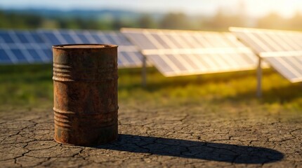Naklejka premium Rusty metal barrel on cracked ground with solar panels in the background under bright sunlight in a rural setting. Concept of energy transition, decline of the oil industry, decarbonization strategies