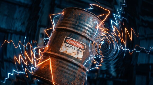 Rusty metal barrel labeled with danger sign for volatile liquid, surrounded by abstract shockwave lines. Concept of rising oil prices, energy market volatility, fuel cost increase, inflation