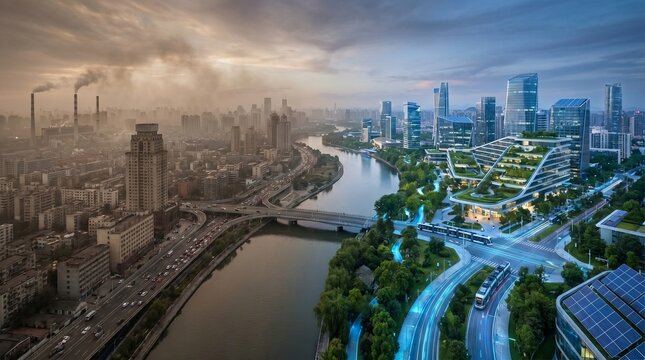 Urban transformation: contrasting polluted cityscape with modern eco-friendly architecture along a riverbank. Concept of energy transition, decline of the oil industry, decarbonization strategies