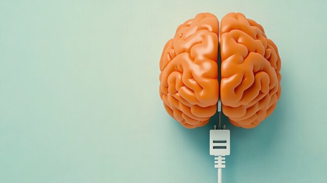 Brain connecting to power plug for charging on light blue background, copy space