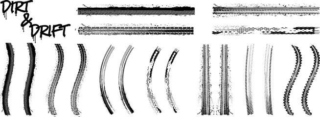 Collection of grunge tire tracks. Vector set of dirty wheel prints, car drift marks and muddy road paths isolated on white background