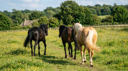 Obraz premium Rustic countryside horses walking in green meadow, group of three horses in summer pasture, rural equestrian landscape with farm animals