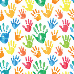 Fototapeta premium Seamless pattern of watercolor handprints on white background.eps