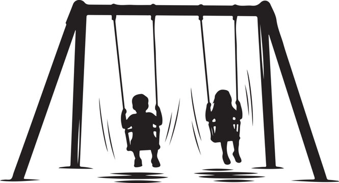 Black silhouette children, kids on swing set, playground icons, vector graphics