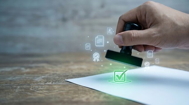 Close-up of hand stamping a document with a digital check mark and file icons rubber stamp quality assurance approved document