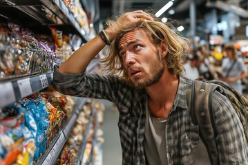 Obraz premium Stressed Young Man Shopping in Supermarket During Inflation and Rising Food Prices 