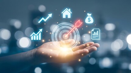 Fototapeta premium Close-up of a hand with a glowing target and business growth icons, symbolizing strategy and financial goals, success icon