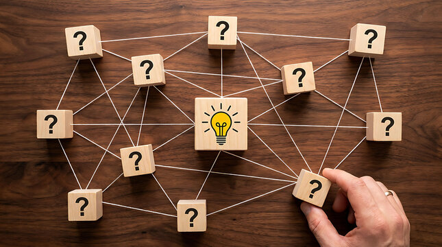 Creative problem solving concept with connected blocks and central idea network
