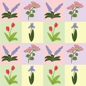 Seamless floral pattern with garden flowers in square grid, pastel checker background