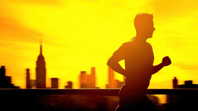 Marathon runner silhouette at dusk, golden sunset through city skyline, motion blur, atmospheric sports photography