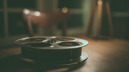 Obraz premium Old film spool on wooden surface, warm cinematic lighting with soft overhead, quiet nostalgic cinema collectible still life