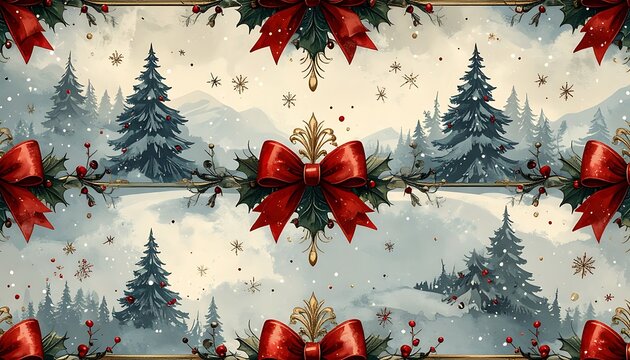 Holiday-themed pattern with snowy forest backdrop and festive red bows, creating a warm Christmas spirit