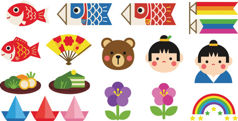 Fototapeta premium Japanese Festival Vector Set with Koinobori, Traditional Symbols, Food, Flowers, and Fun Cultural Icons