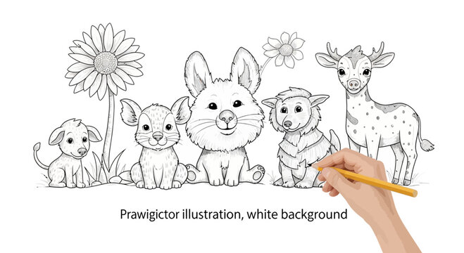 Cute baby animals illustration: bunny, lamb, mouse, deer, flowers; hand drawing