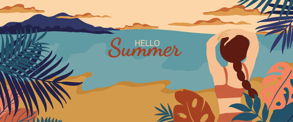 Hello summer beach scene with woman adjusting hat palm tree hand drawn tropical vacation silhouette swimsuit sunglasses surfboard landscape illustration background backdrop greeting © Stock4line
