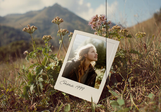 Polaroid Photo Mockup in Nature Landscape Scene
