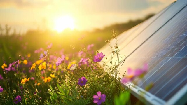 Solar panel in blooming meadow under bright sunlight clean renewable energy concept with flowers and green landscape sustainable electricity generation technology and eco friendly environment solution