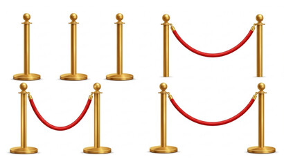 Golden stanchion and red rope set vector 3d illustration isolated vip barrier elements luxury event equipment on white background © Imran