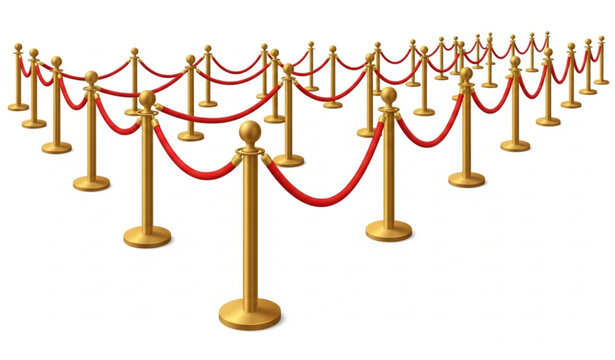Vip barrier with golden stanchions and red rope perspective vector illustration luxury event queue isolated on white