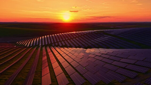 Rows of solar panels shine under the setting sun with orange and pink hues filling the sky. The solar farm stretches across green fields, showcasing renewable energy use.