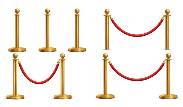 Golden stanchion and red rope set vector 3d illustration isolated vip barrier elements luxury event equipment on white background