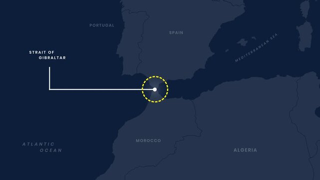 Map Animation Highlighting Strait Of Gibraltar With Rotating Yellow Dotted Circle And Pointer Showing Strategic Maritime Chokepoint 4K