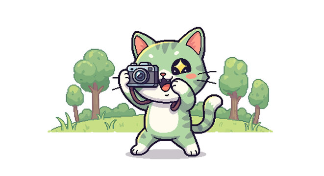 Cute Pixel Art Cat Taking Photos in a Cartoon Nature Scene