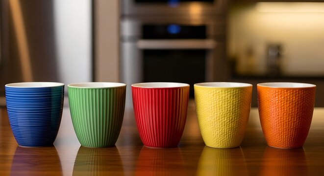 Set of five colorful textured coffee mugs standing in a modern kitchen.