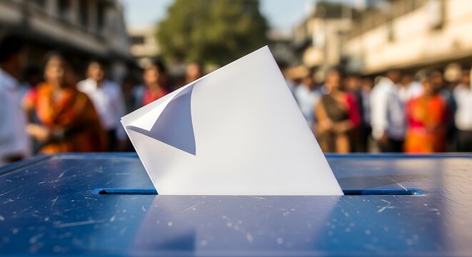 A ballot in a paper envelope into a blue voting box during election with people around.