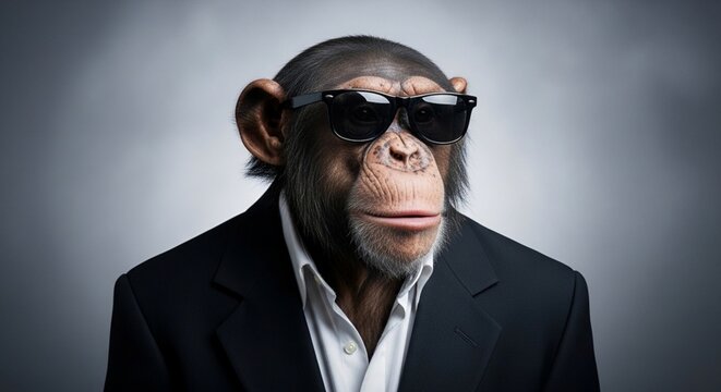Chimpanzee wearing black sunglasses and a formal suit jacket on a grey background.