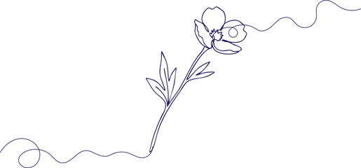 Fototapeta premium Elegant continuous one line drawing of blooming flower with leaves for minimalist floral vector logo