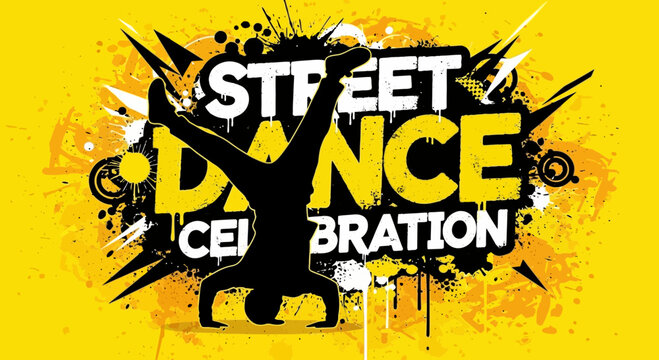 Dynamic yellow and black urban street dance poster featuring a breakdancer doing a headspin silhouette with abstract graphic splashes and typography