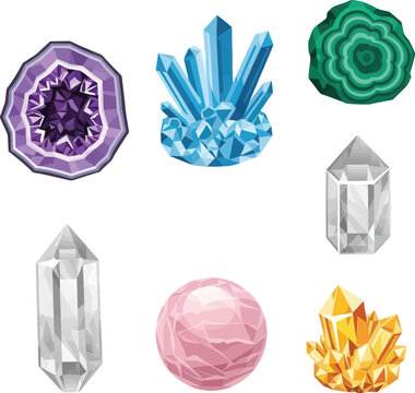 Set of colorful healing crystals and gemstones including amethyst geode blue cluster malachite clear quartz and rose quartz on transparent background