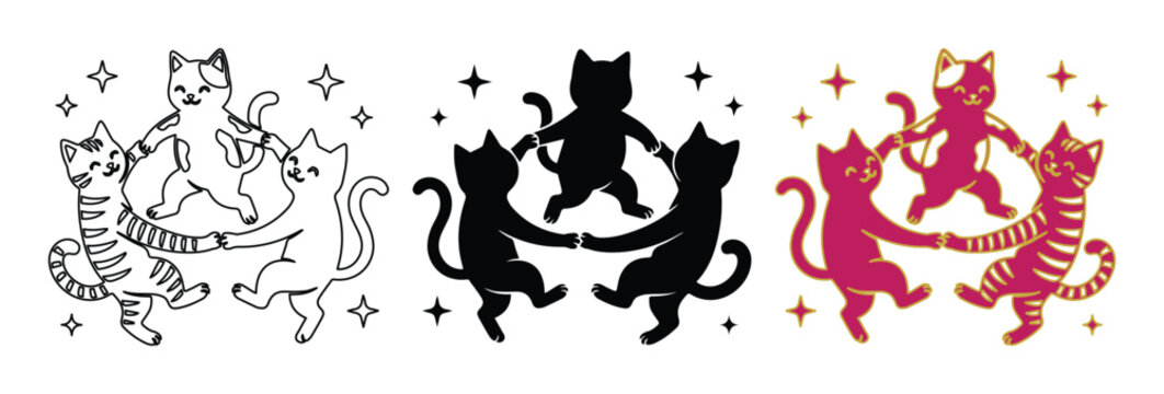 Whimsical dancing cats vector set, mystical feline circle dance illustrations, hand drawn occult cat silhouettes with stars for apparel design