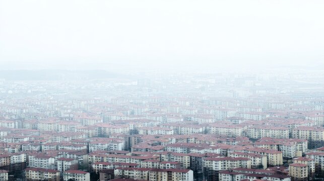 particularity. Aerial view of identical residential buildings stretching to the horizon under hazy skies. real-estate listings.
