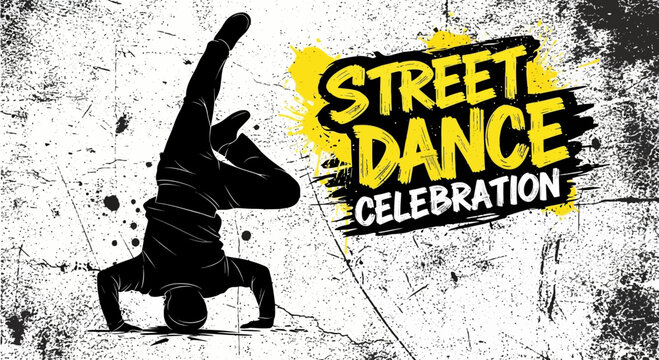 Dynamic street dance silhouette poster featuring a breakdancer performing a headspin with grunge background