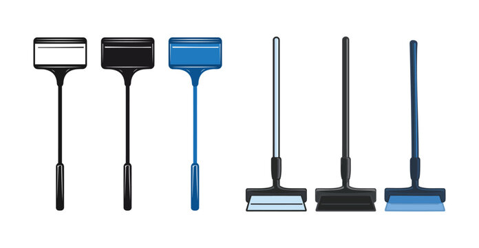 Modern vector graphic featuring a set of household cleaning implements, including squeegees and floor brooms.