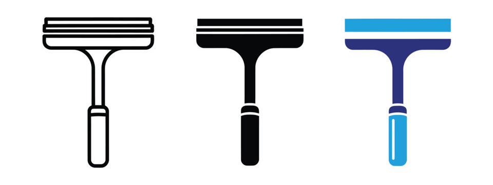Collection of window squeegee vector illustrations showing line art silhouette and colorful flat design graphic styles