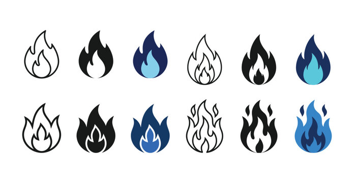 Collection of stylized flame vector illustrations in various graphic designs and color variations