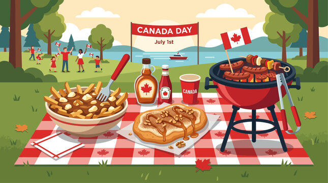 This flat design illustration showcases popular Canadian food items like poutine and beaver tails, perfect for Canada Day festivities.