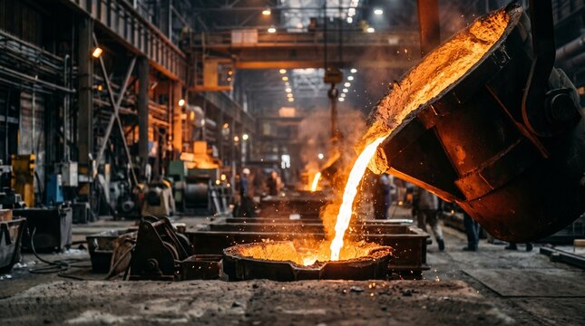 Molten metal being poured into molds in a busy industrial foundry